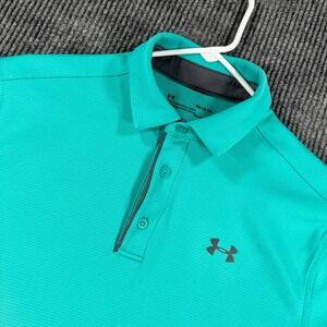 Under Armour Polo Shirt Mens Medium Teal Solid Short Sleeve Performance HeatGear